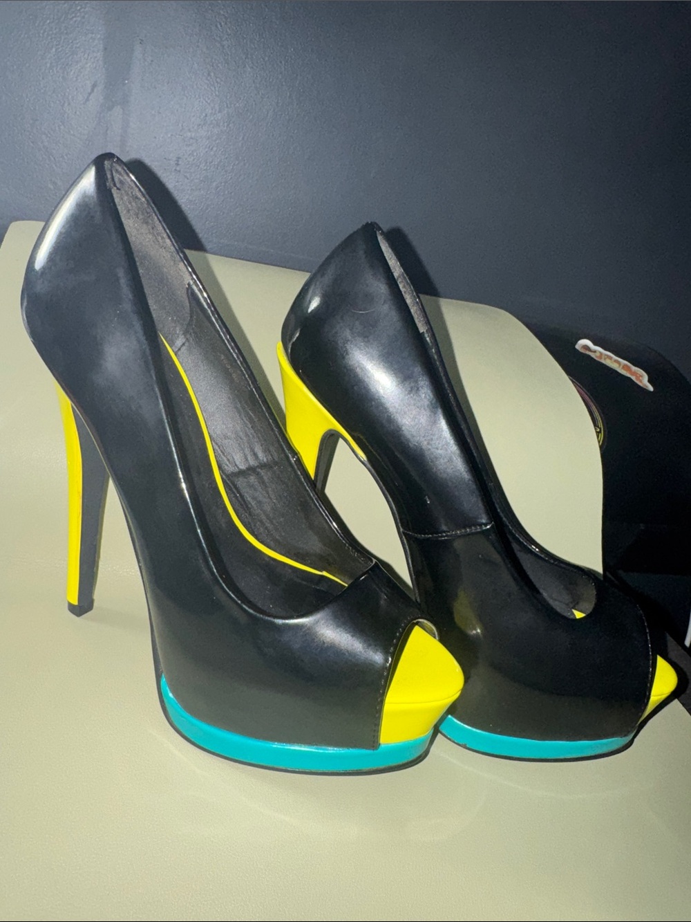 Charlotte Russe Black Pumps with Yellow & Teal Accents